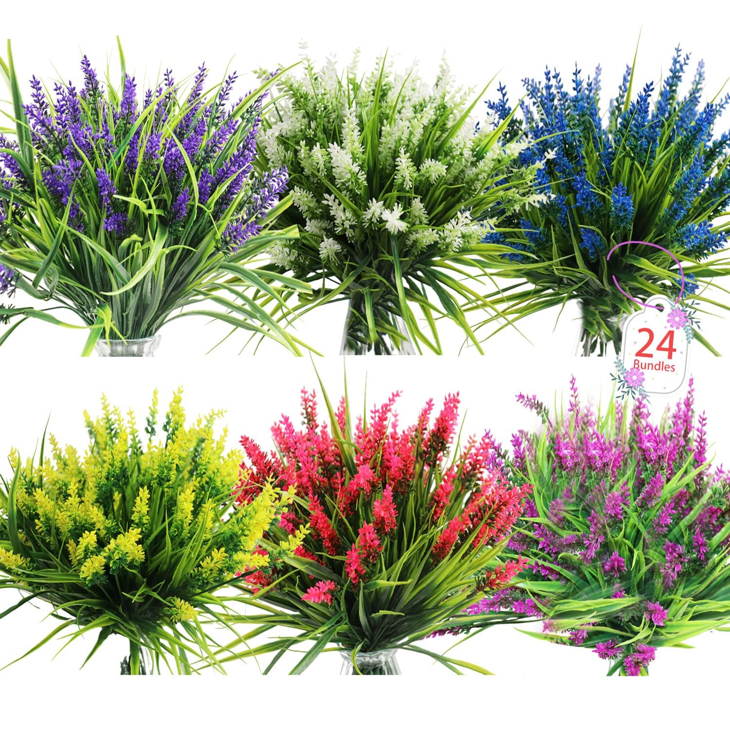 Artificial Flowers for Outdoors, 24 Bundles 6 Colors Fake Lavender Flowers Mo…