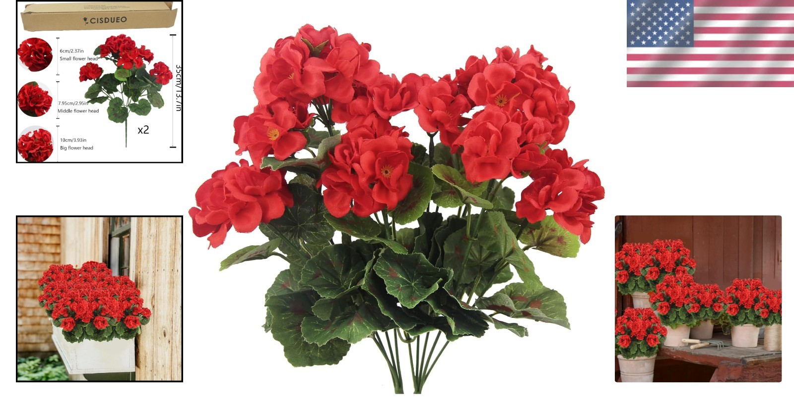 2 Pcs UV Resistant Red Artificial Geranium Flowers – Silk Bush for Outdoor Decor