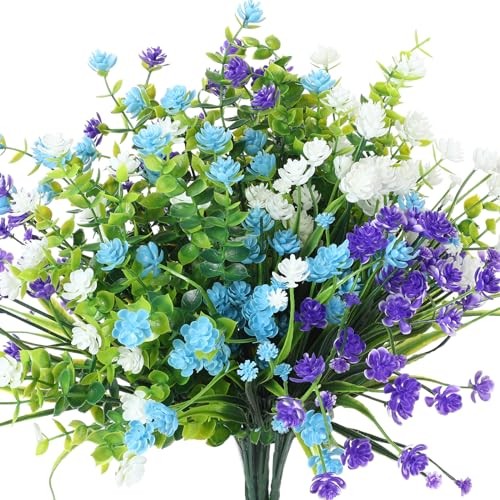 12 Bundles Artificial Flowers Outdoor, UV Resistant Faux Blue, Purple, White