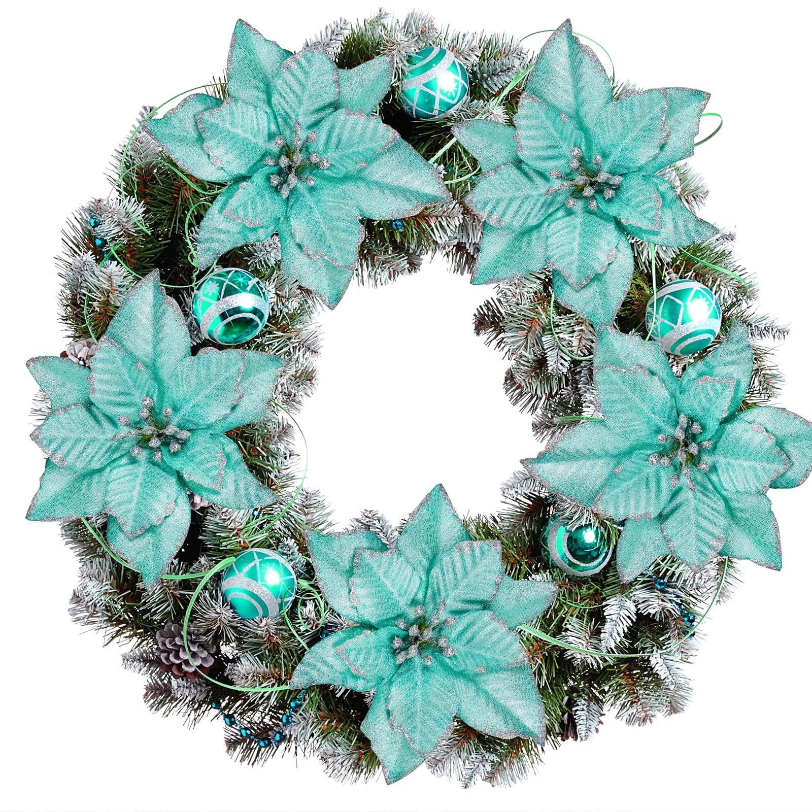 24 Pcs Glitter Artificial Christmas Poinsettia Flowers Picks Christmas Teal