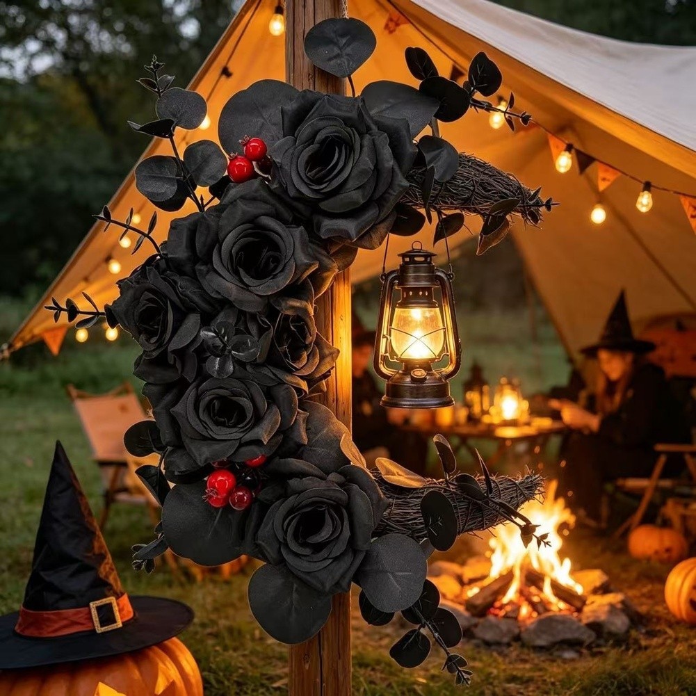 Handmade Plastic Halloween Cat Garland for Home Decor 35cm Dark Wreath