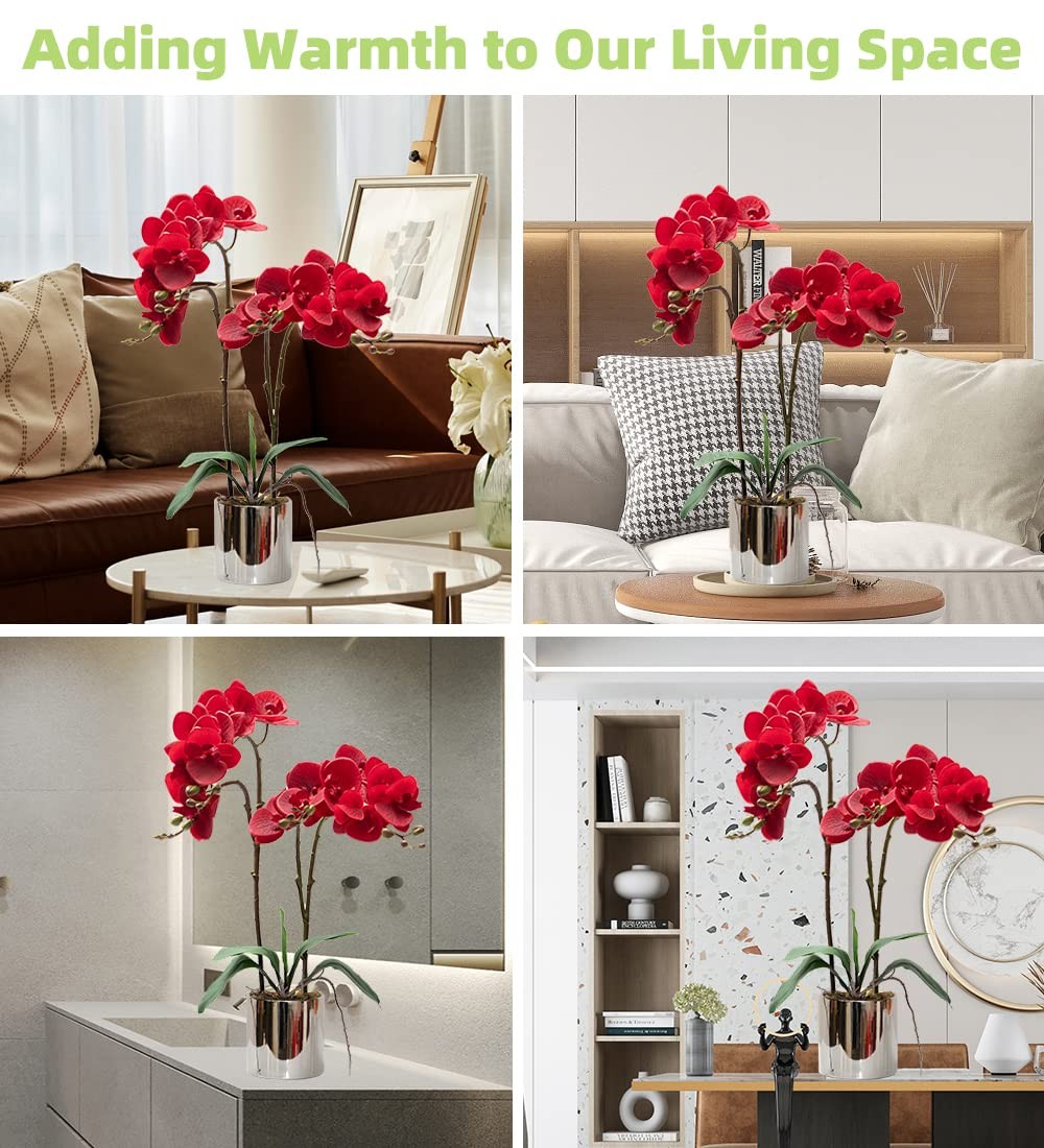 Artificial Orchid Flower Plant Real Touch Faux Orchids in Ceramic Vase Red 19…