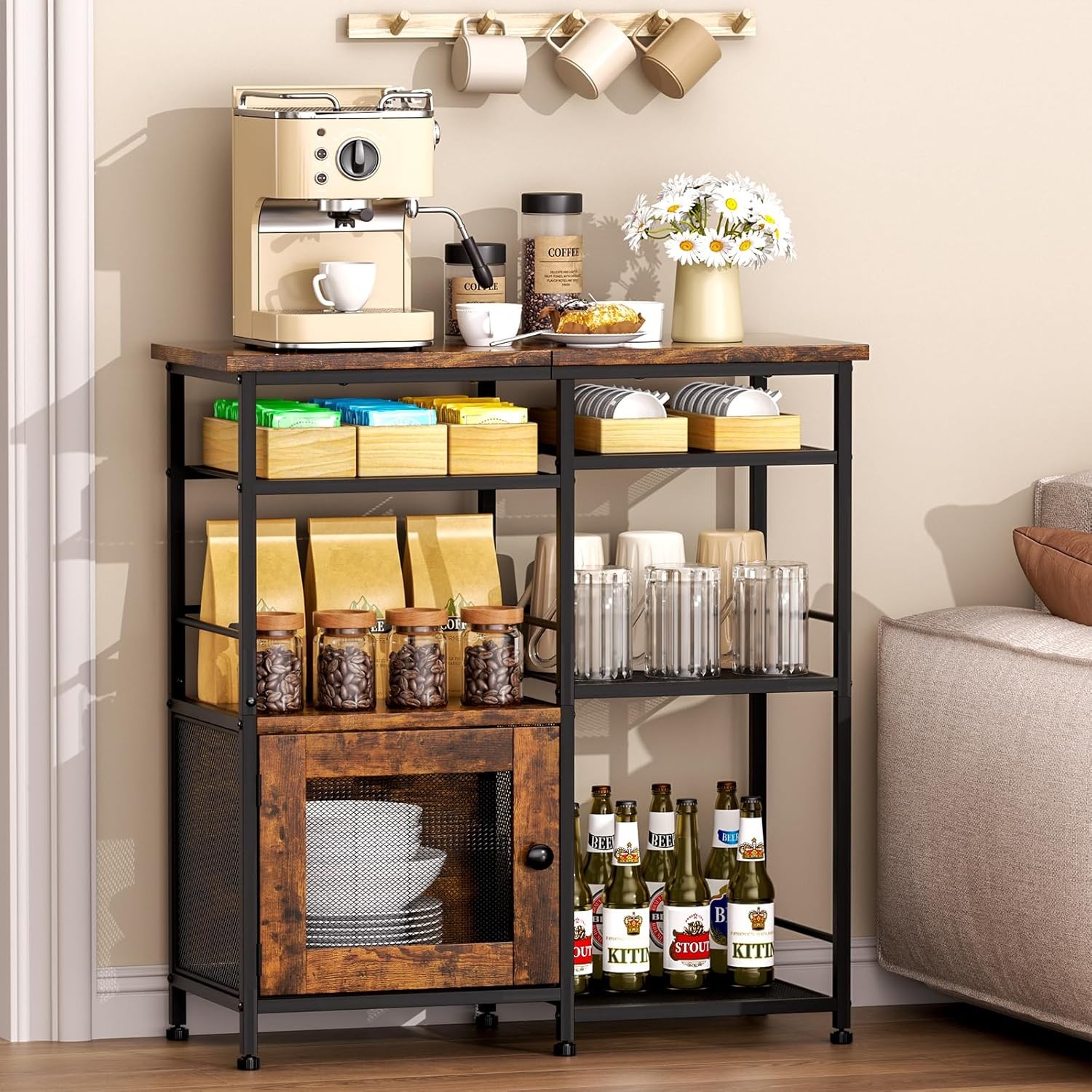 Coffee Bar Cabinet Station with Doors Rustic Kitchen Storage