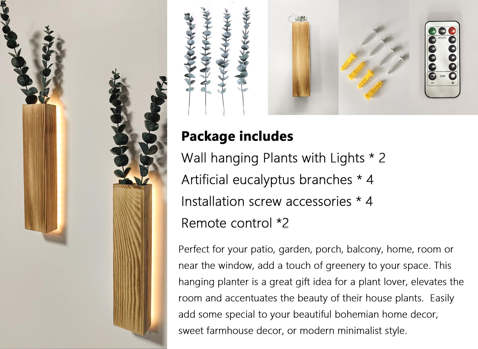 Artificial Eucalyptus with LED Lights Wall Planters Rustic Wall Decor with Li…