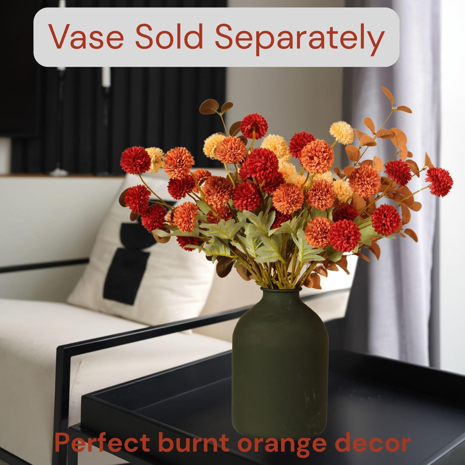 Autumn Floral Arrangement – Burnt Orange Faux Kiku & Eucalyptus Stems, 10 Pack
