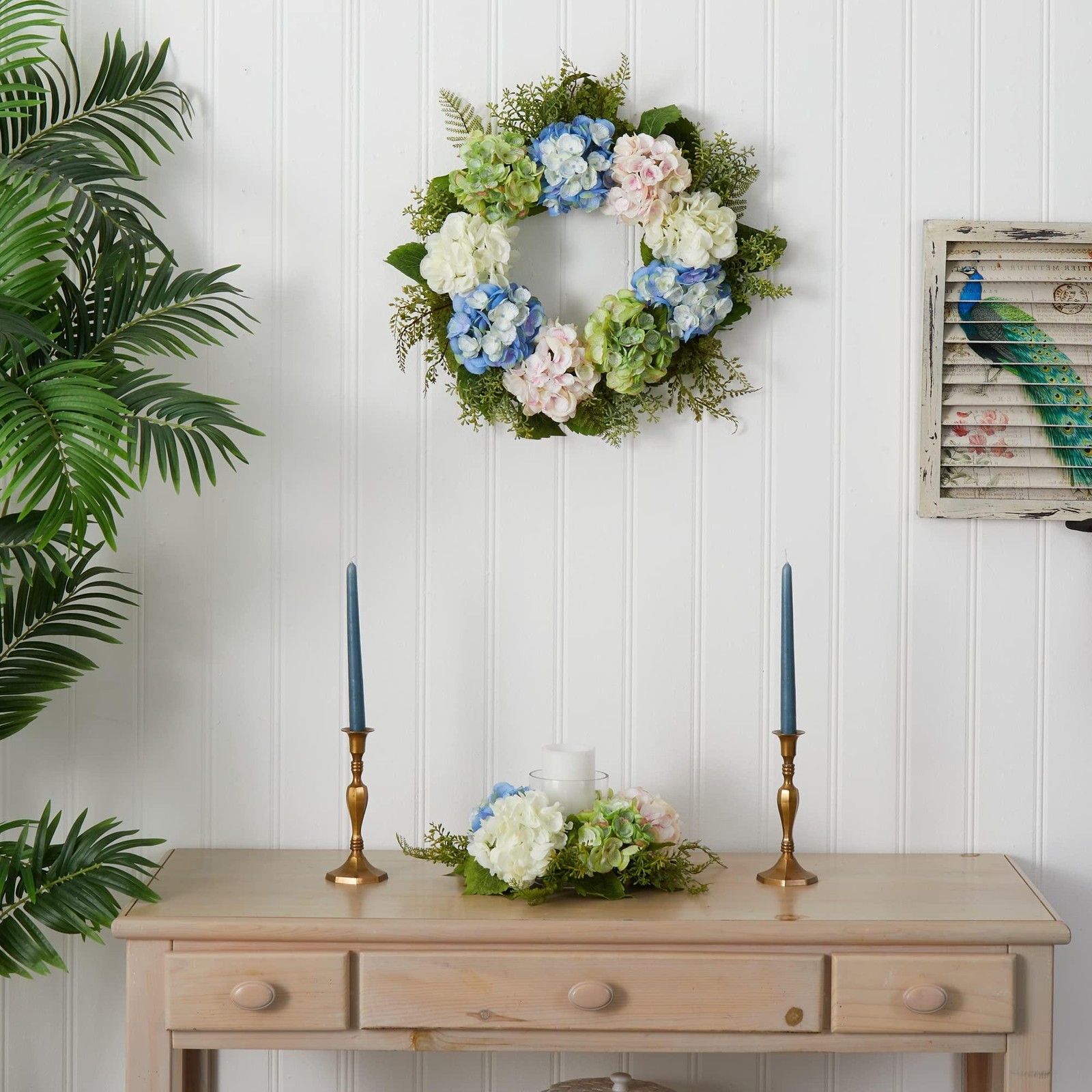 Nearly Natural 4207 Hydrangea Wreath, 24″,Blue,green,white,pink