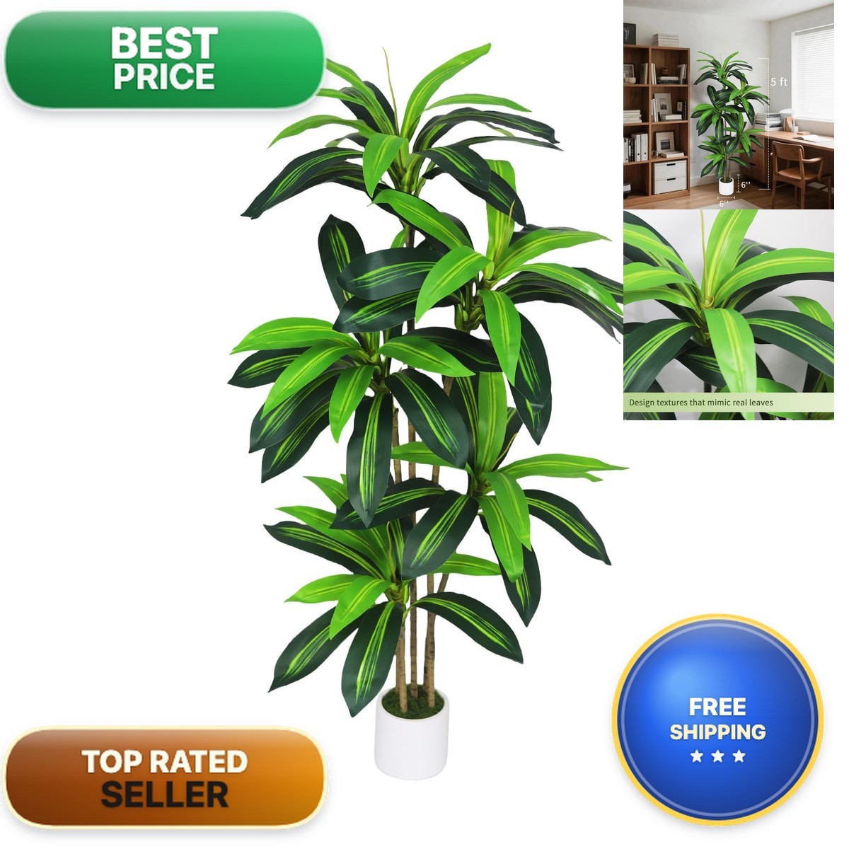 Gaoqisi Dracaena 011 Artificial Tree 5FT with White Planter