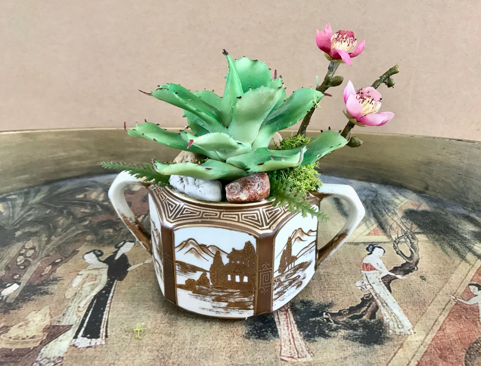 Antique Noritake Nippon Sugar Bowl Planter with Green Cactus and Purple Cherry B
