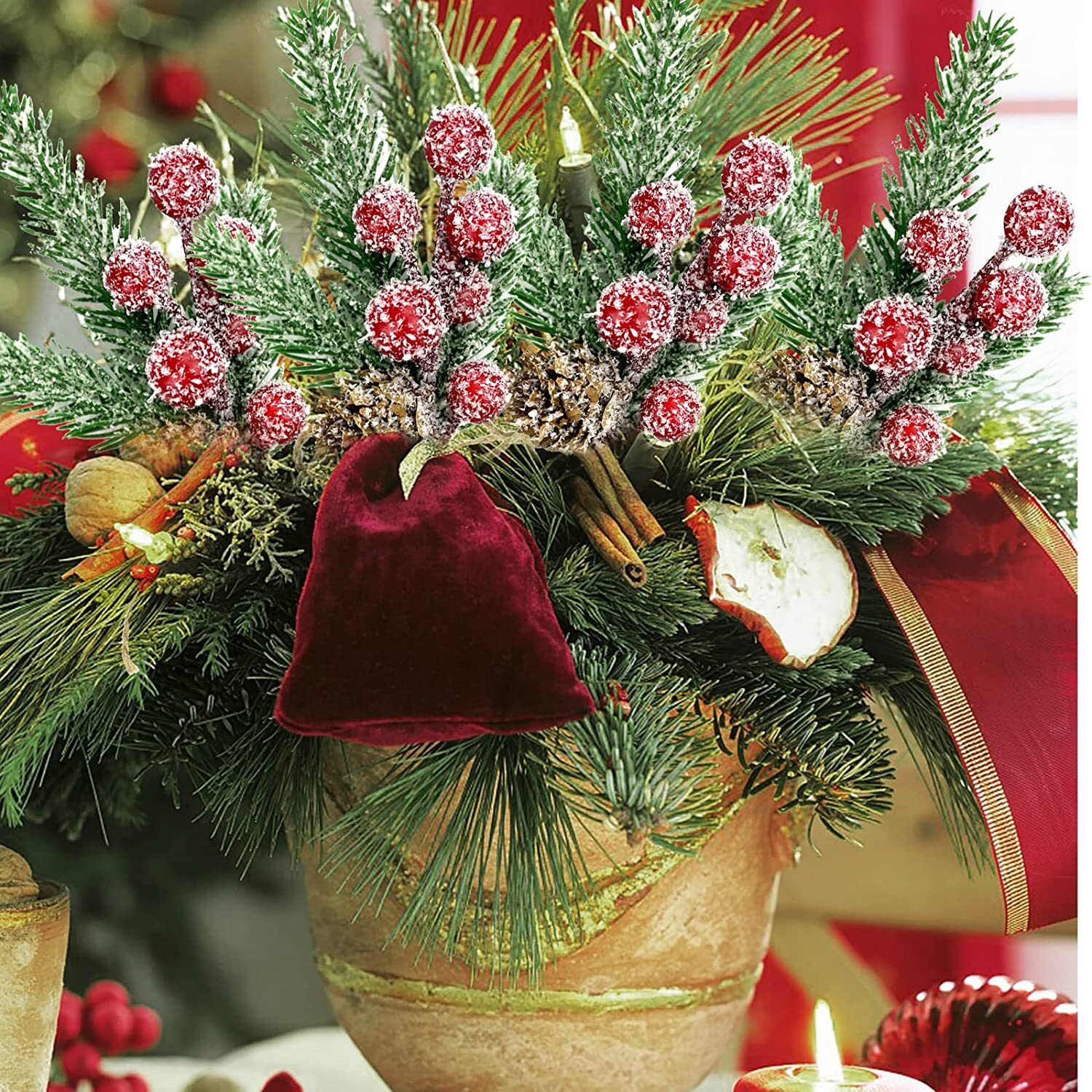 10× Christmas Berries Pine Cones Artificial Pine Picks with Snowflakes Holly US