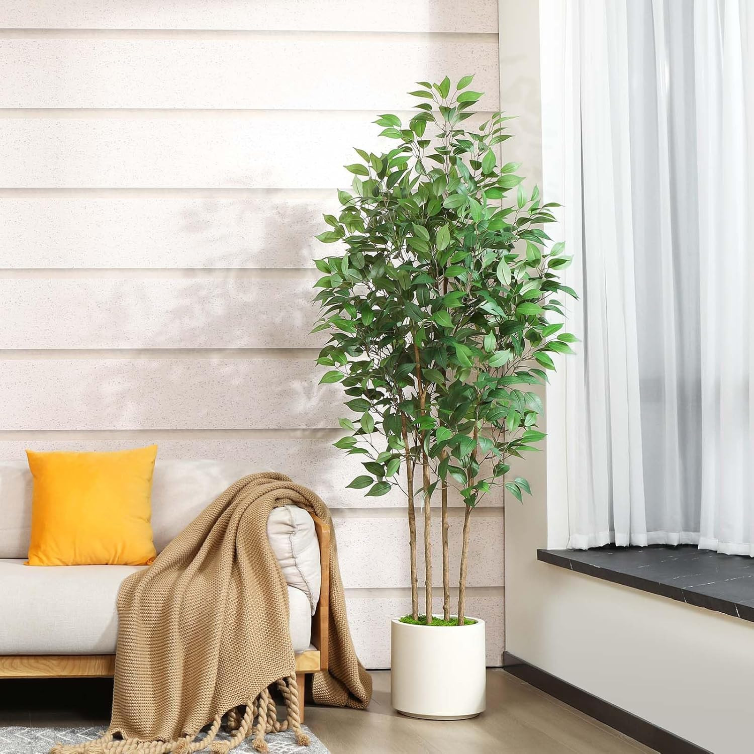 6Ft Ficus Artificial Tree in White Planter – Indoor Home Decor Faux Plant