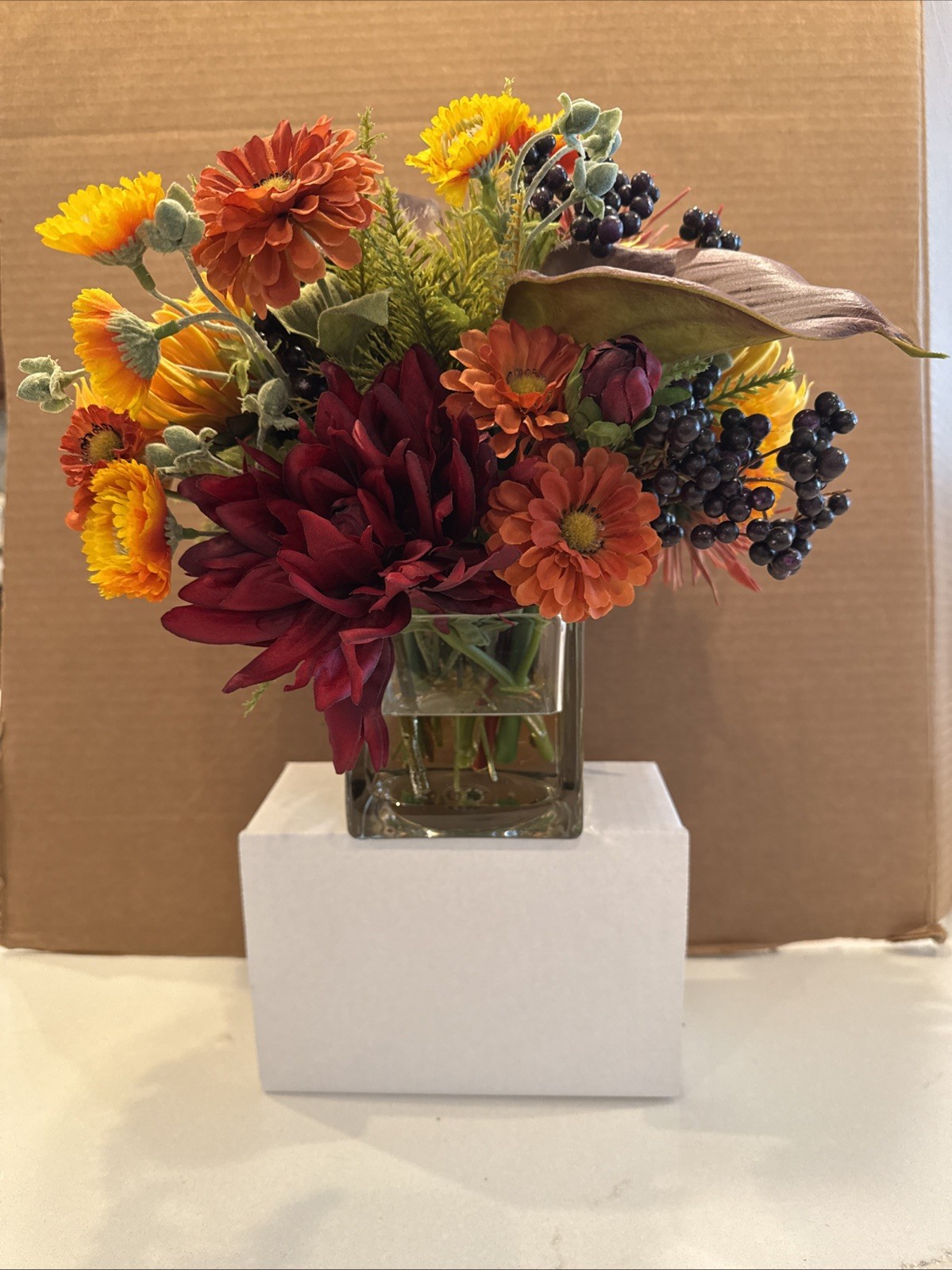 PETALS SPIDER MUM & Blackberries Silk Flowers Centerpiece 11” Height & 13” Width