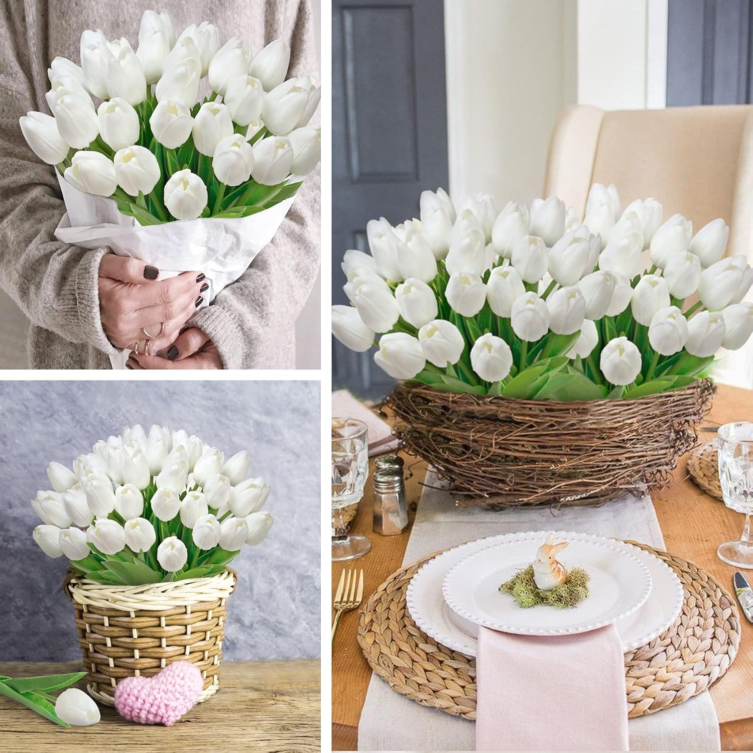 Fake Tulips Artificial Flowers 30pcs Real Touch PU White Stems Faux Wedding