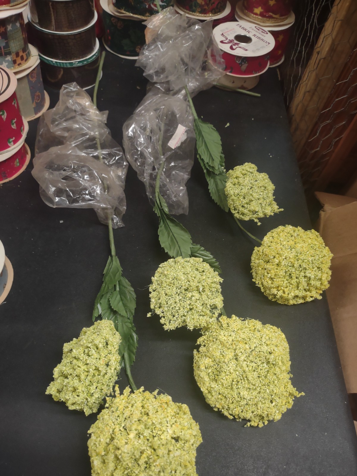 Set of 3 Stems: Yellow Fluffy Yarrow, Wired Bloom Heads with Silk Leaves 21″