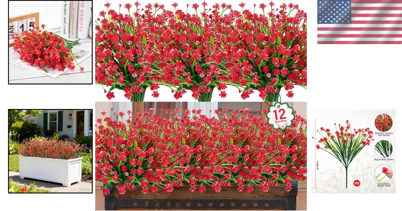 Lifelike Red Artificial Flowers – Set of 12 Bundles for Indoor and Outdoor Décor