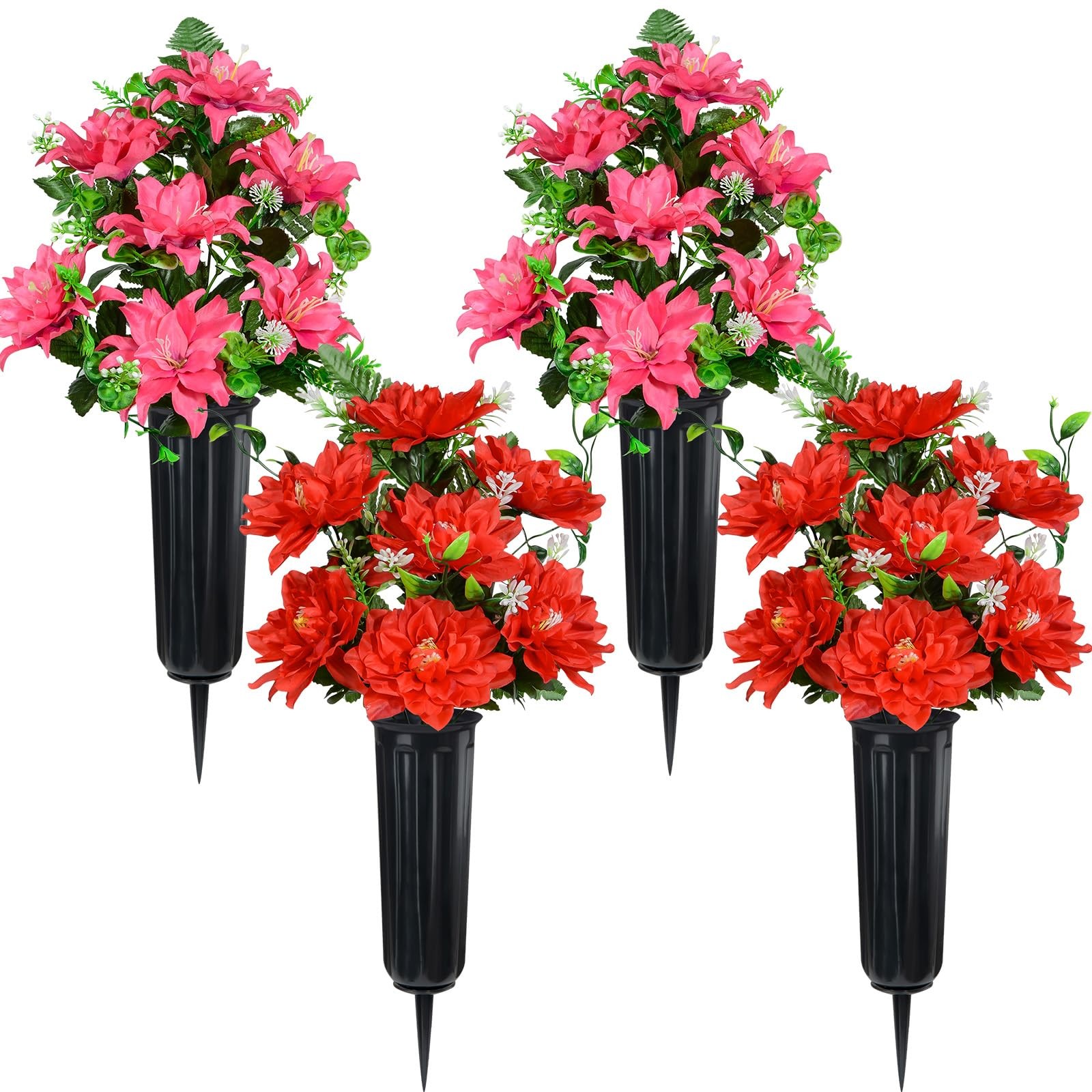 4 PCS Red 7 Head Artificial Cemetery Flower Memorial Graveside Decor Vase