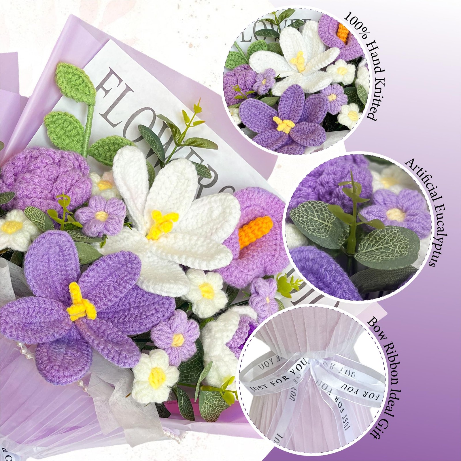 Crochet Flower Bouquet, Purple Handmade Knitted Flower, Crochet Rose Tulips Call