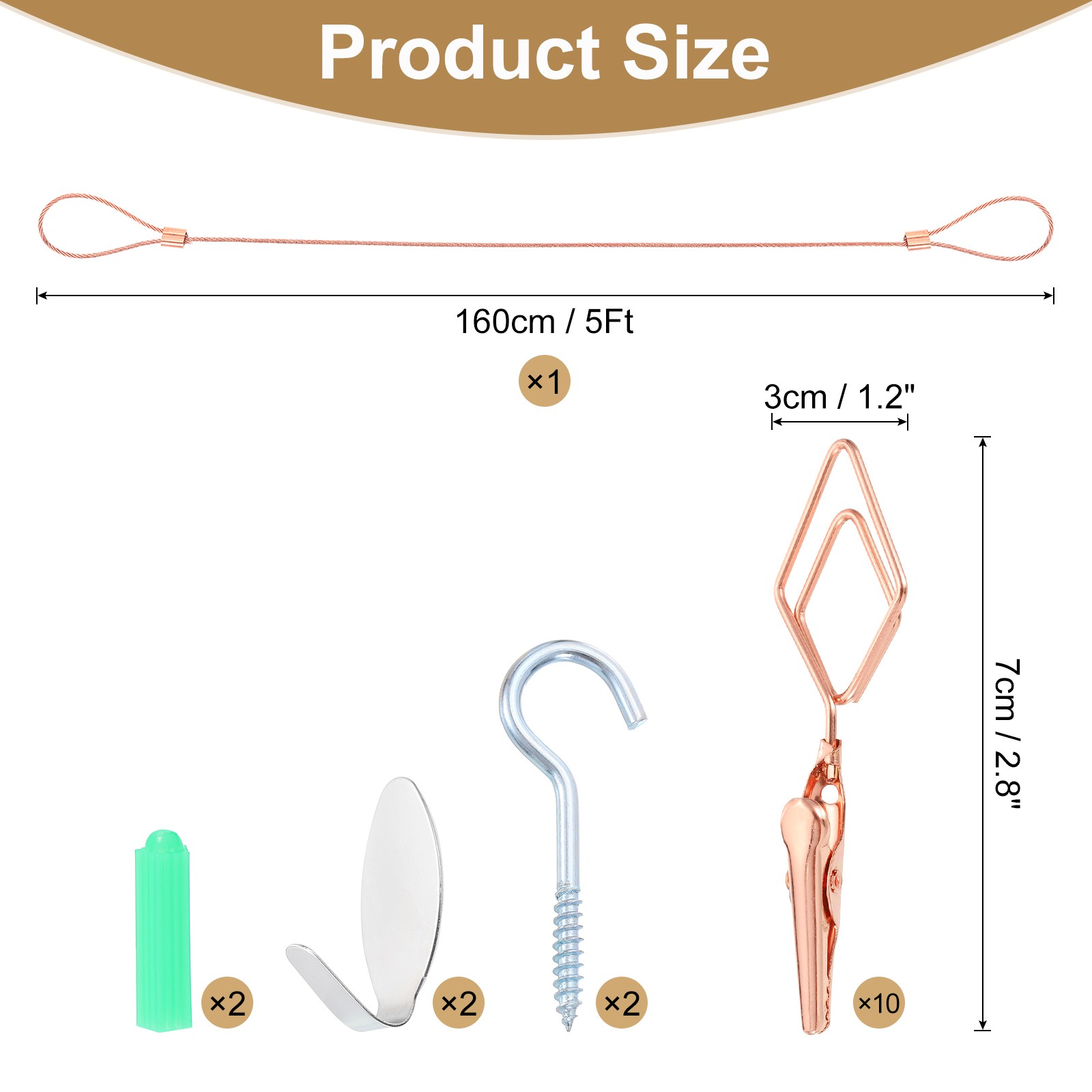 5Ft Wall Hanging Photo Display Cable Wire Rod with 10 Rhombus Clips, Rose Gold