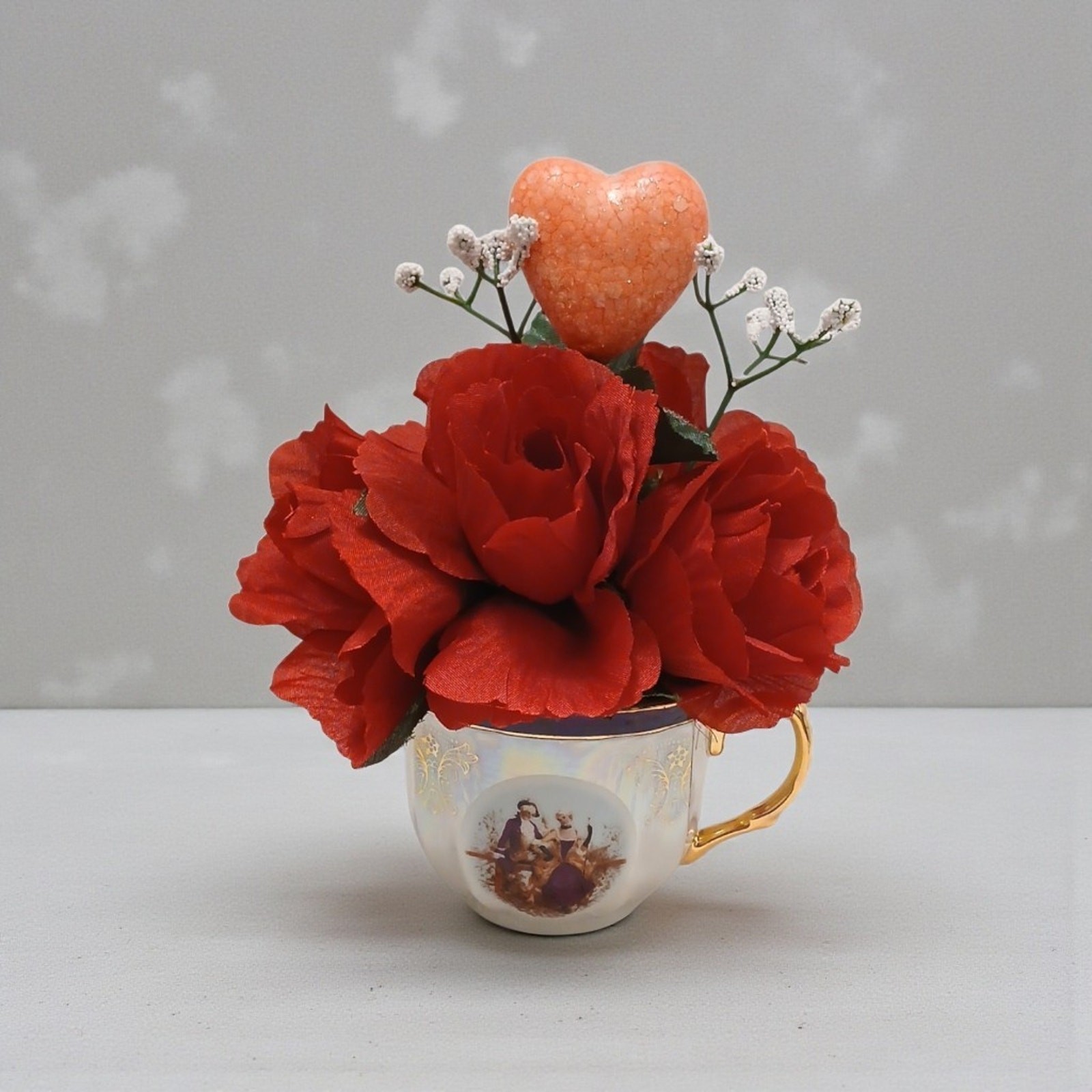 English Red Rose Floral Arrangement Tea Cup POP-IN Sparkle Heart Valentine Love