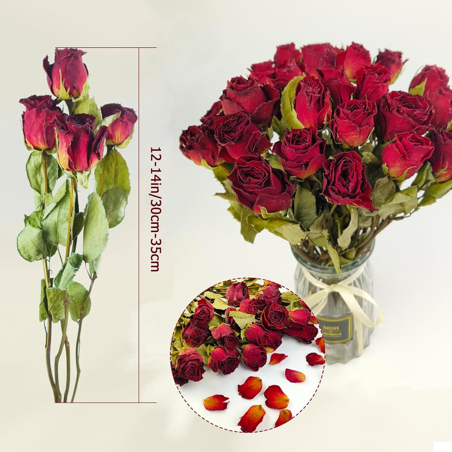 Natural Dried Flowers Bouquet, 10 Pcs Red Dried Roses Bouquet for Wedding Decora