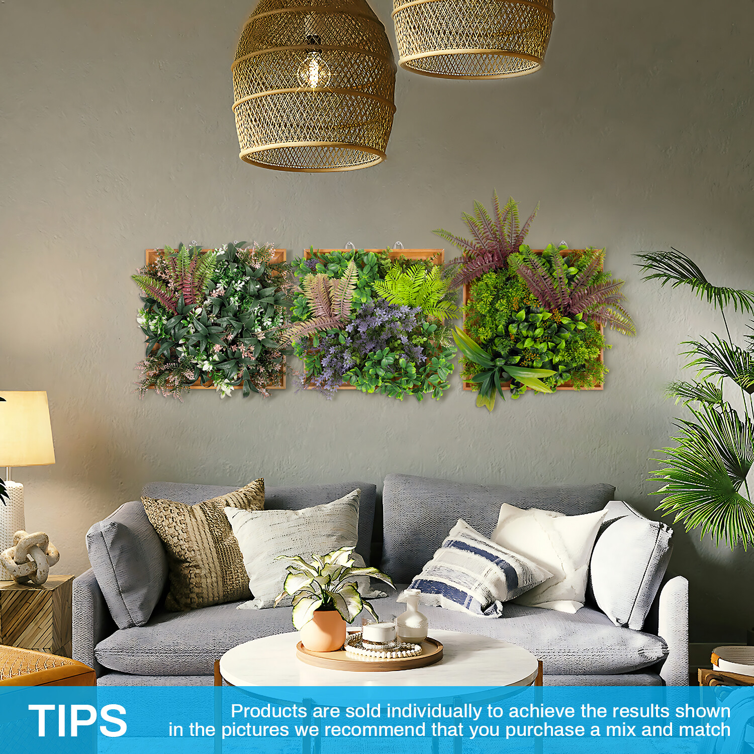 Artificial Plants Green Wall Decor with Square Wooden Frame 13in, Light Green