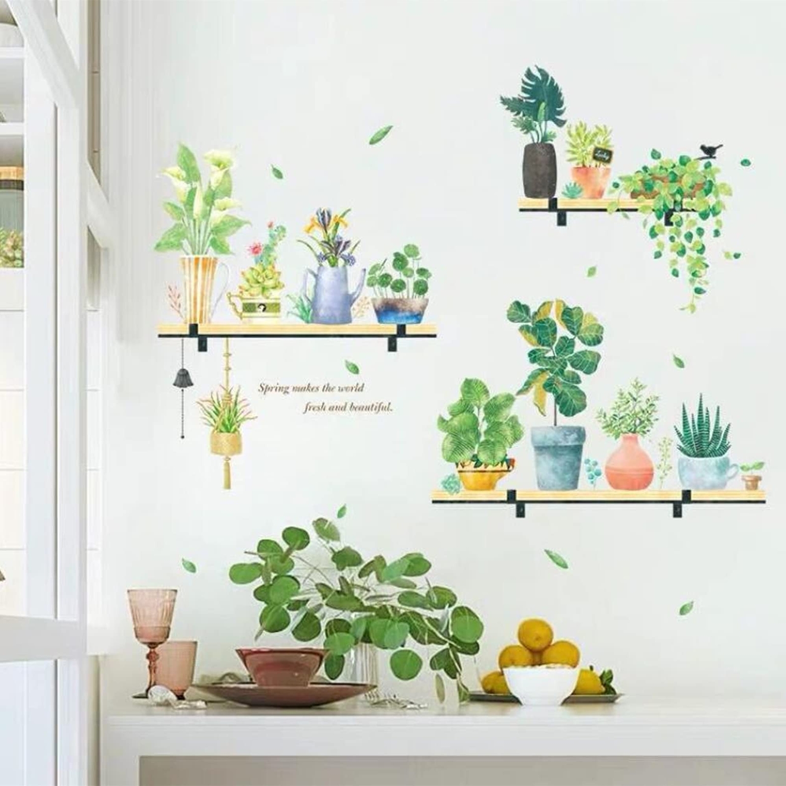 ROFARSO 42.9” x 40.2” Shelves Nature Green Potted Tropical Plants Leaves PV…