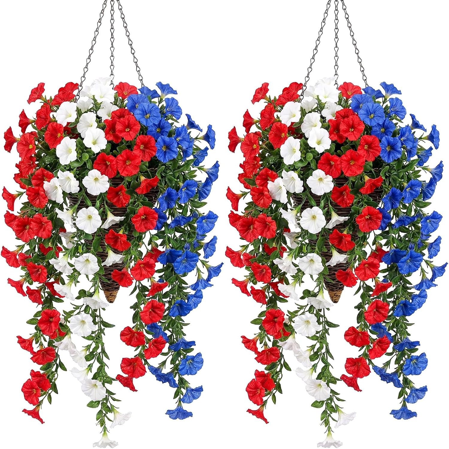 12 Pcs Red White Blue Artificial Hanging Flowers Outdoor with 2 Baskets 250th
