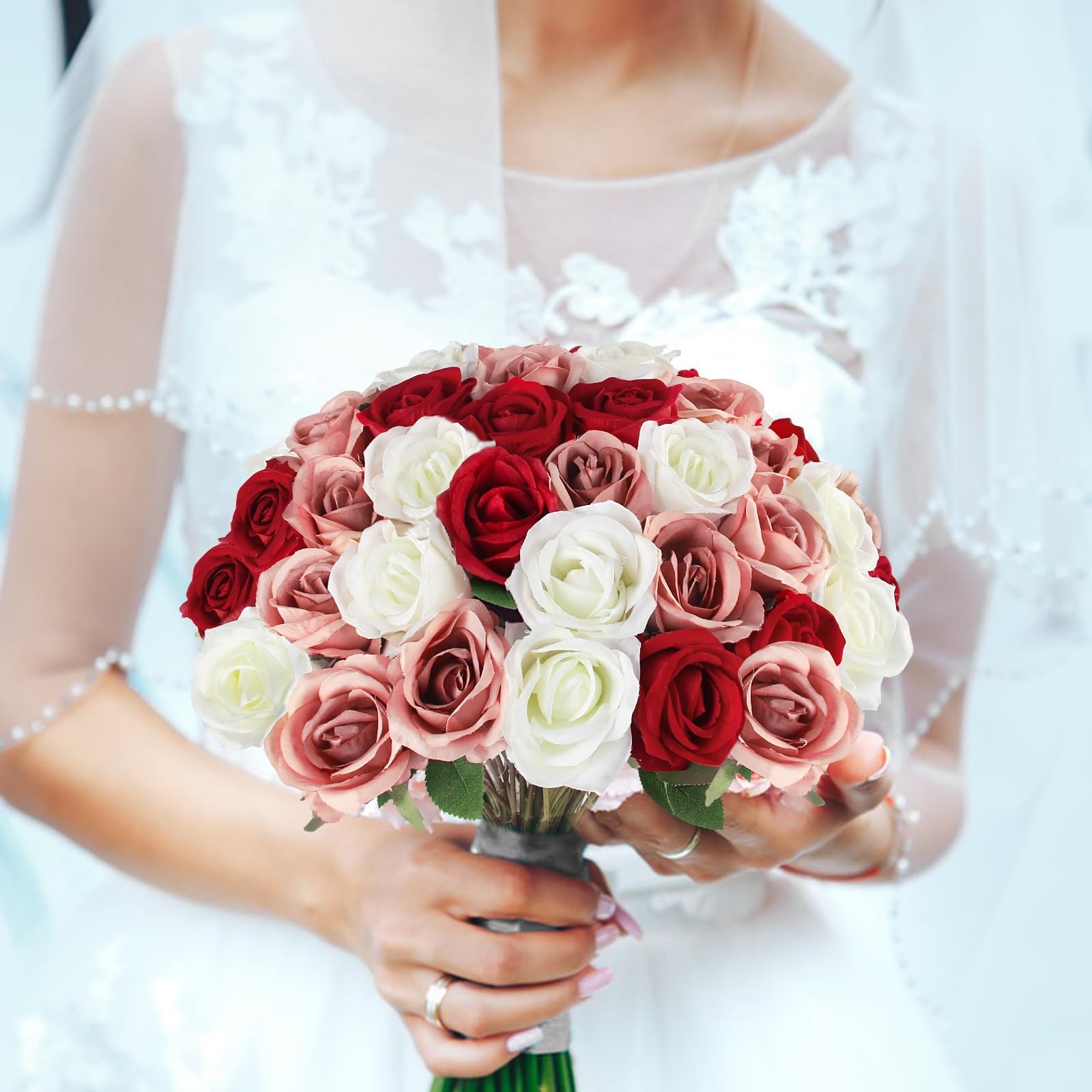 Artificial Roses Bulk White Rosy Silk Rose with Stem, 52pcs Fake Flowers Deco…