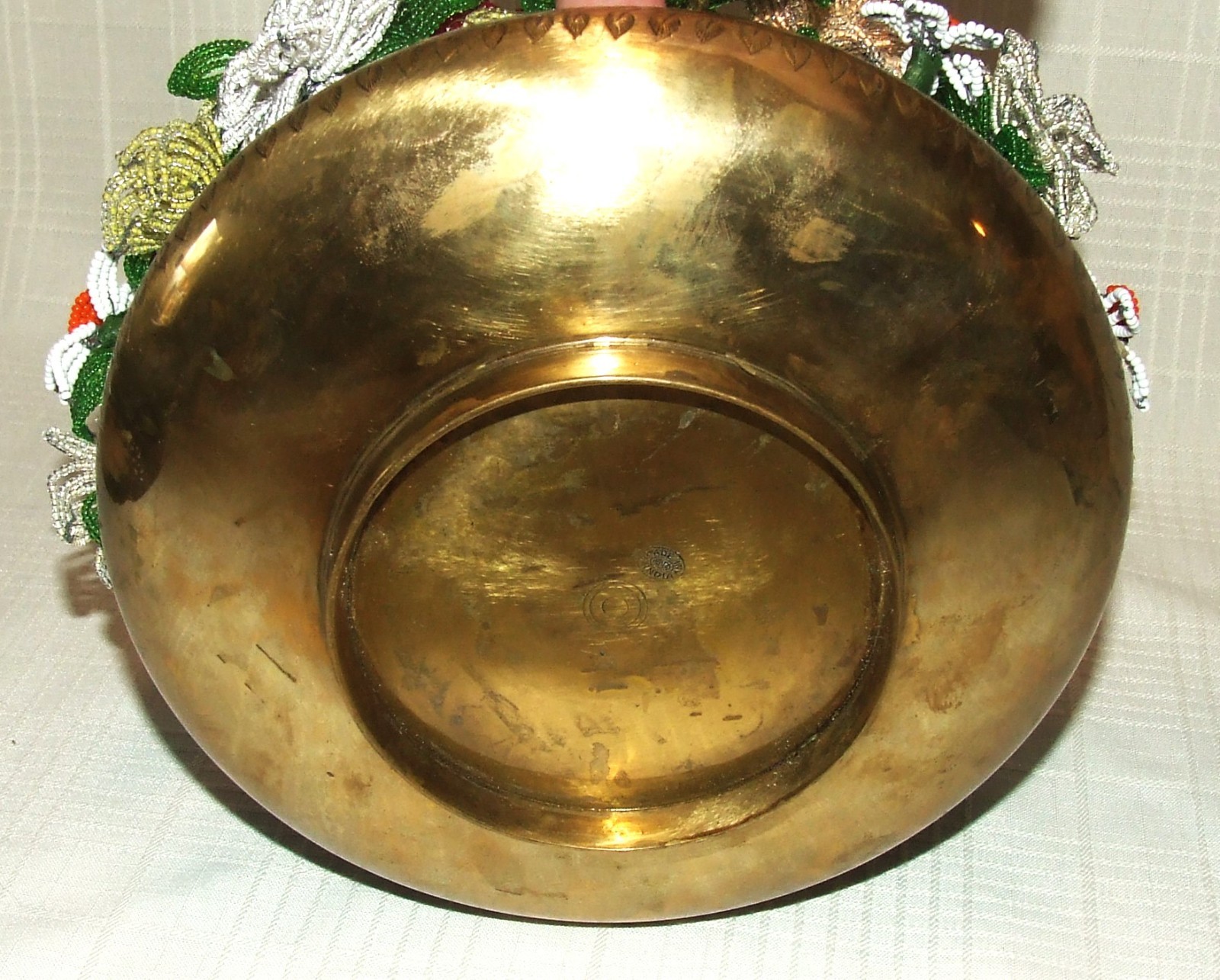 Vintage French Beaded Flower Arrangement / Ornate Brass Planter ~ Heavy