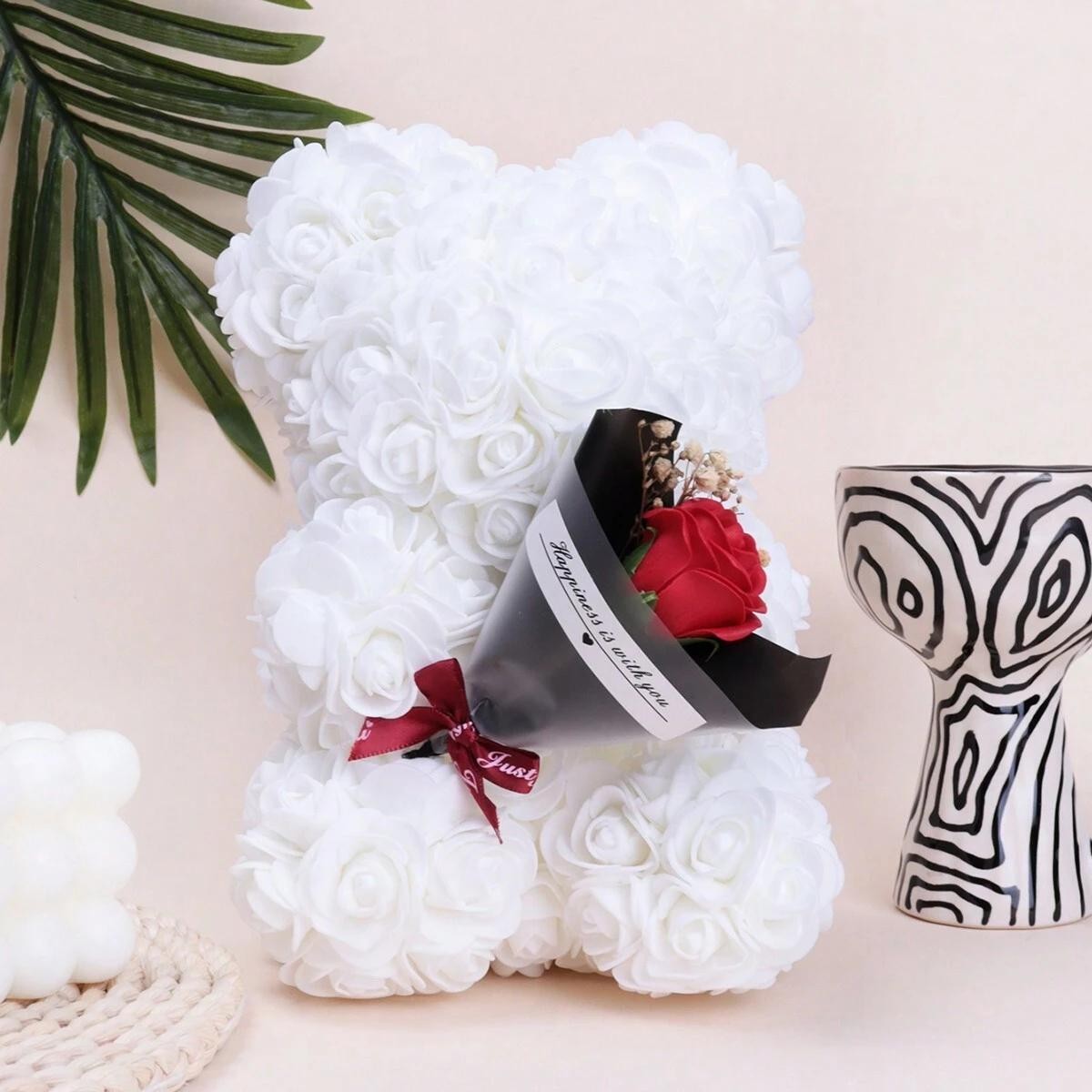 Rose Teddy Bear with Bouquet – Foam Flower Bear Gift for Mother’s Day, Wedding