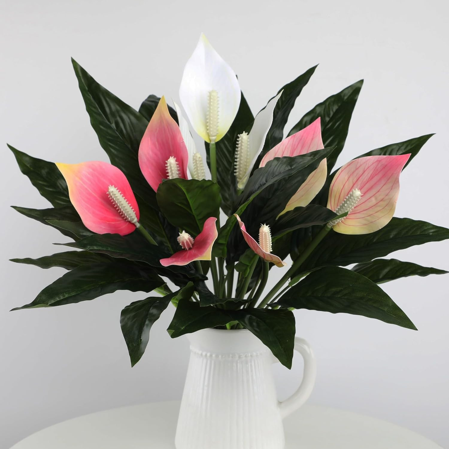Spathiphyllum Artificial Plants with White Flowers, 2-Pack Green Leaves Artifici