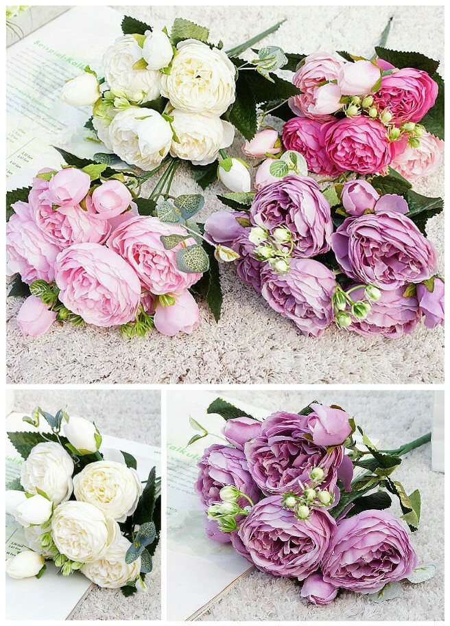 Artificial Silk Peony Rose Flower Fake Wedding Bouquet DIY Home Party Decor
