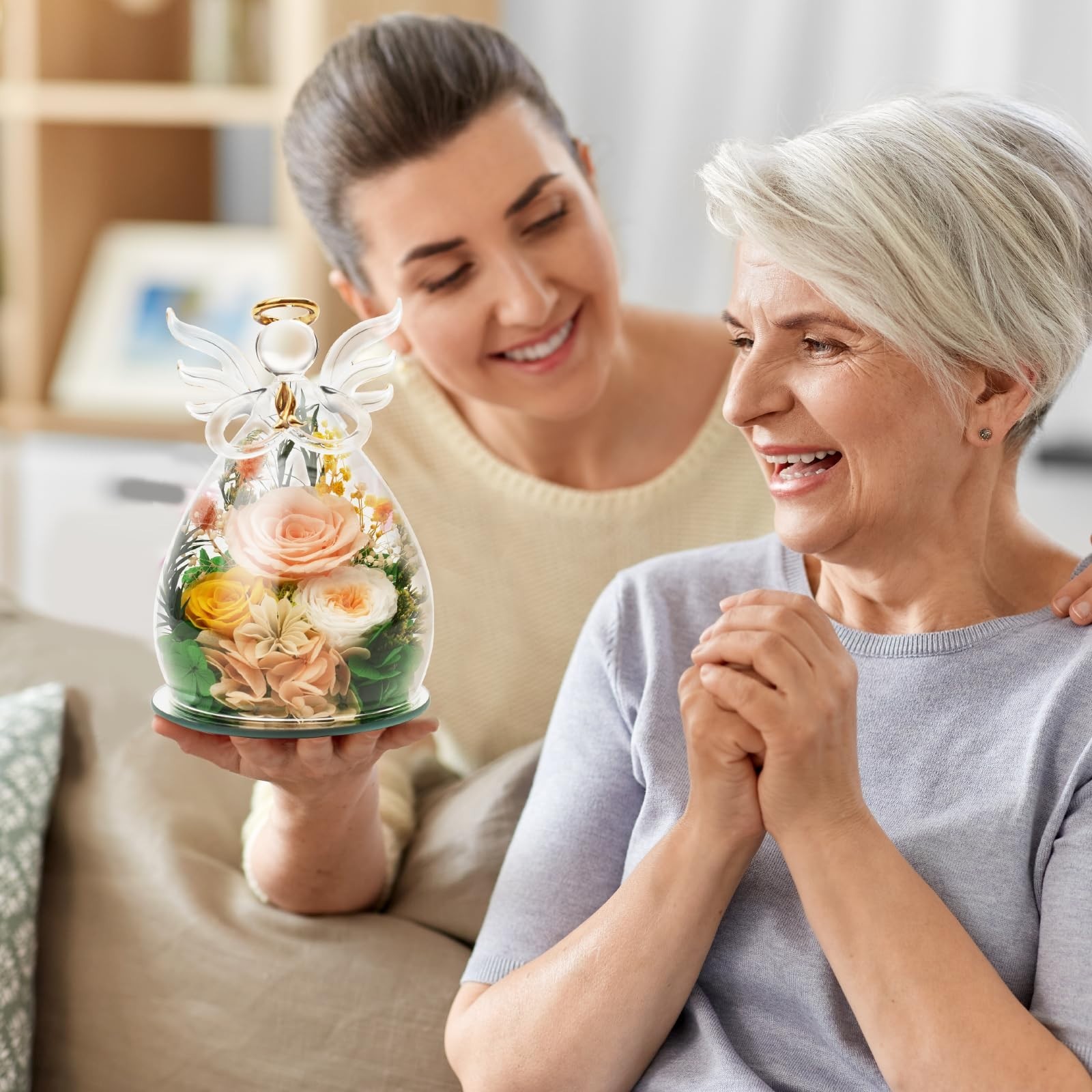 Gifts for Mom Birthday Gifts for Women, Preserved Rose in Glass Angel Figurines,