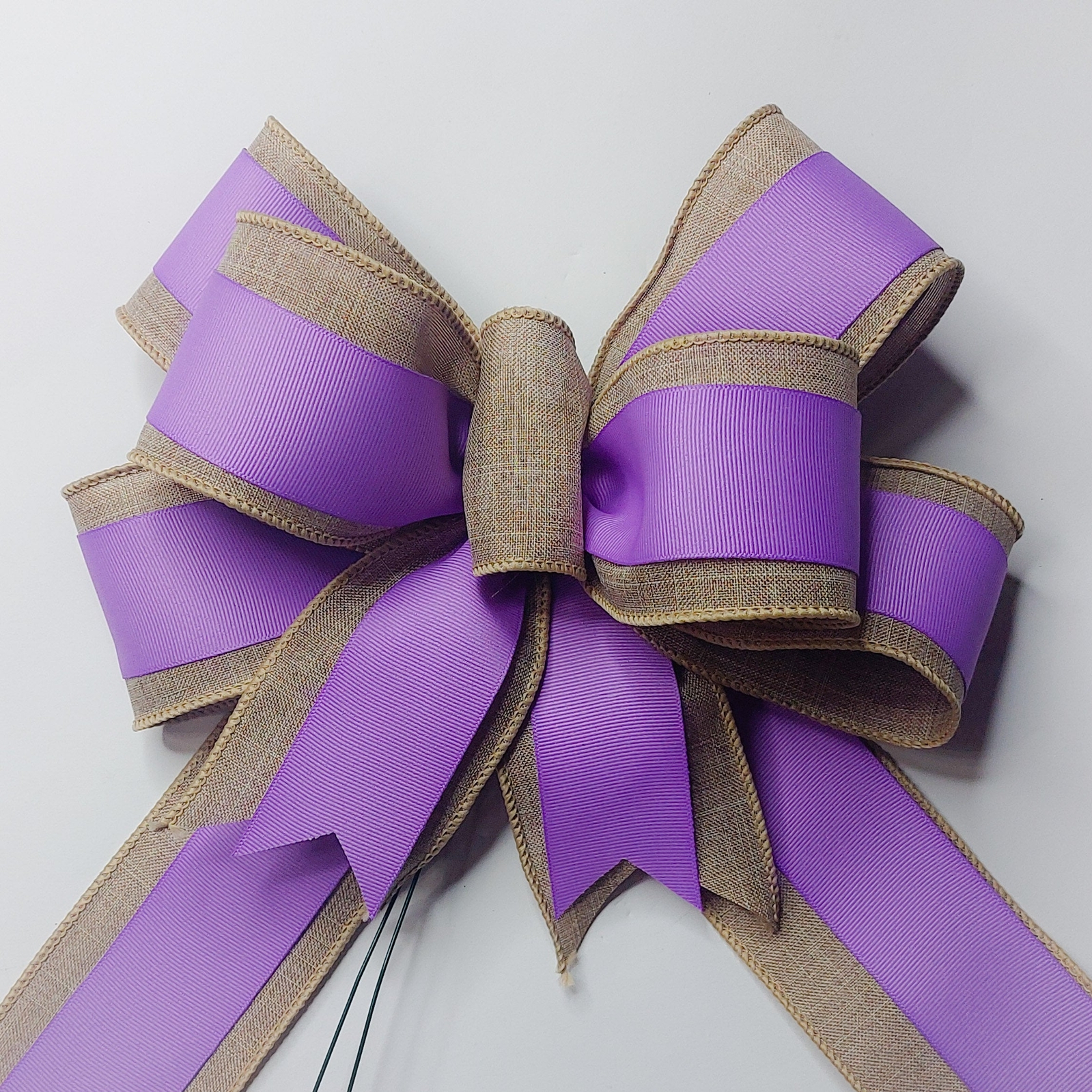 Wreath Bow, Beige Linen, Wisteria Purple Grosgrain