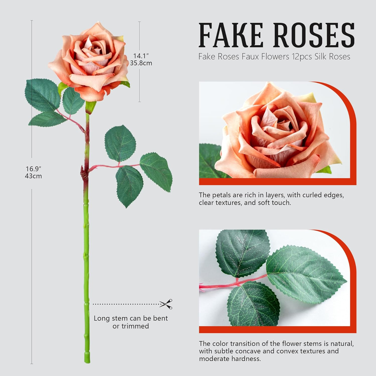 Fake Roses Faux Flowers Silk Roses 16.5In Artificial Roses with Stems Realistic