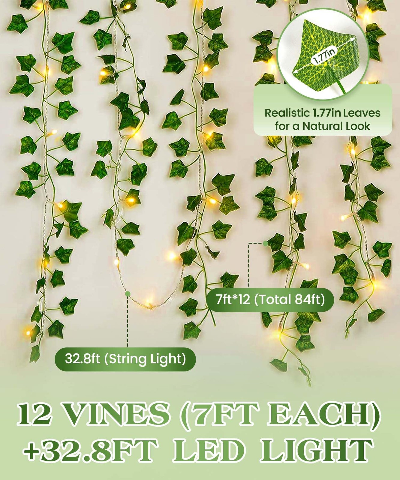 Artificial Ivy Garland 12 Pack with 80 LED Lights for Home Garden Wedding Decor