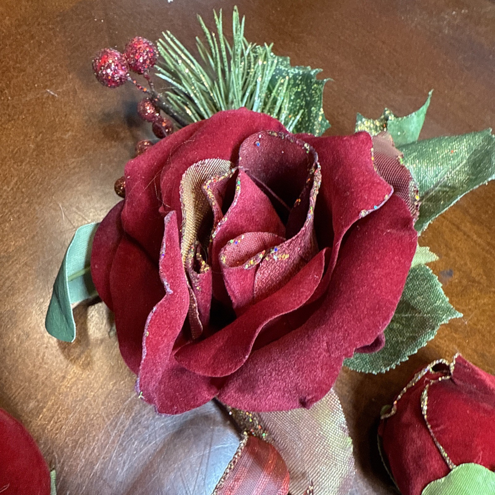 3 Pcs Faux Velvet Rose Flowers W/ Bows Christmas Pier One VTG Home Decorating