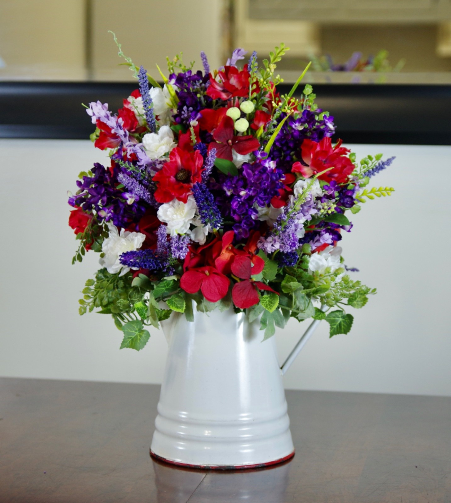 Silk Red and Purple Arrangement in Vintage Enamel Red & White Cowboy Coffee Pot