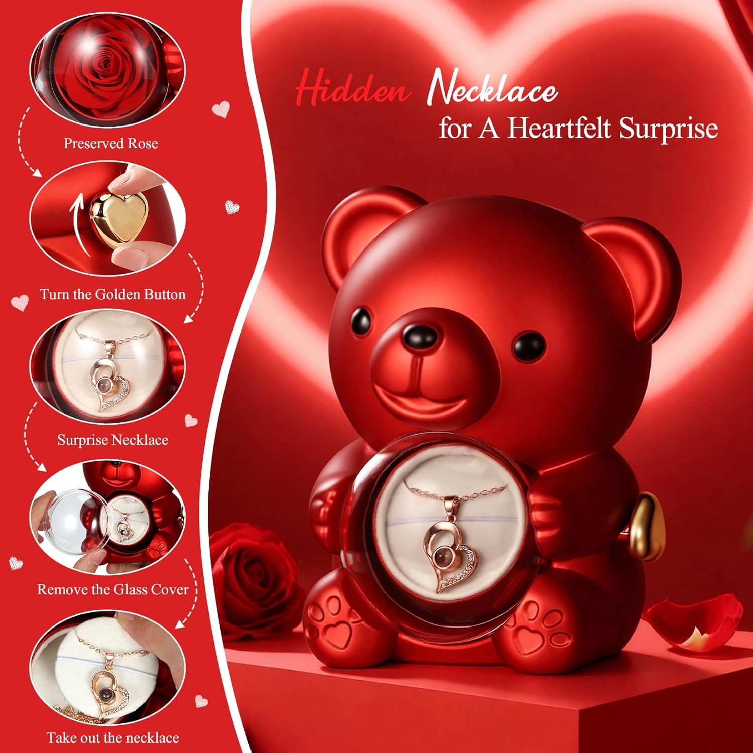 Cute Teddy Bear with Preserved Rose, Hidden Surprise Necklace Rotating Gift Box