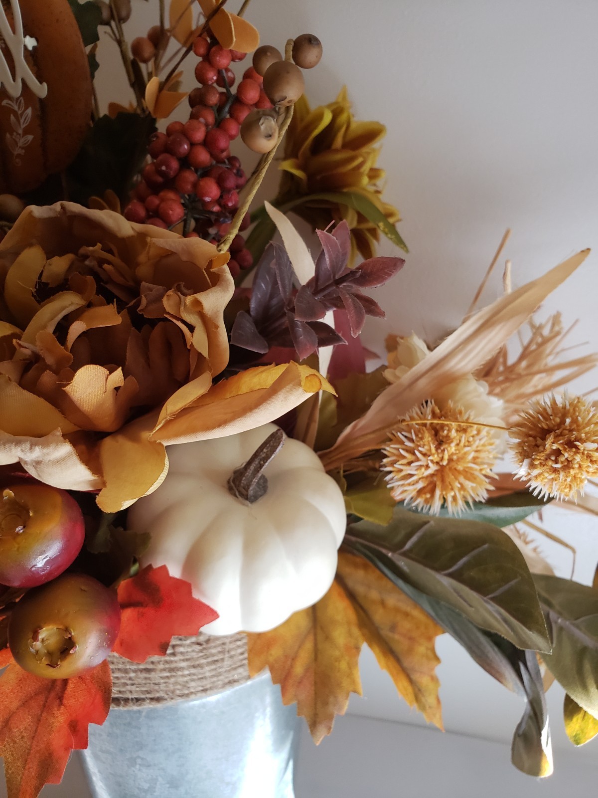 Fall Harvest Floral Arrangement w/Grateful Pumpkin Sign Thanksgiving Centerpiece