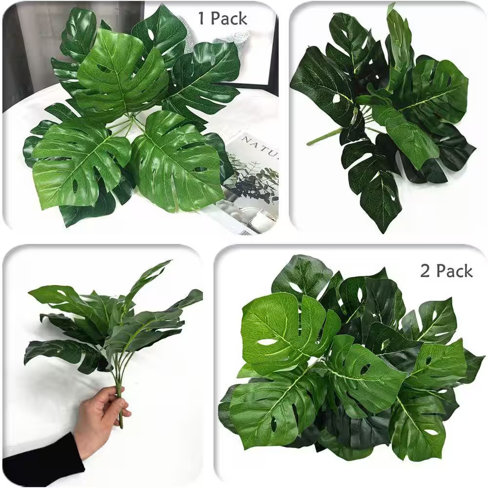 12 In. Artificial Green Indoor/Outdoor Tropical Monstera Plant Faux Palm Leaves