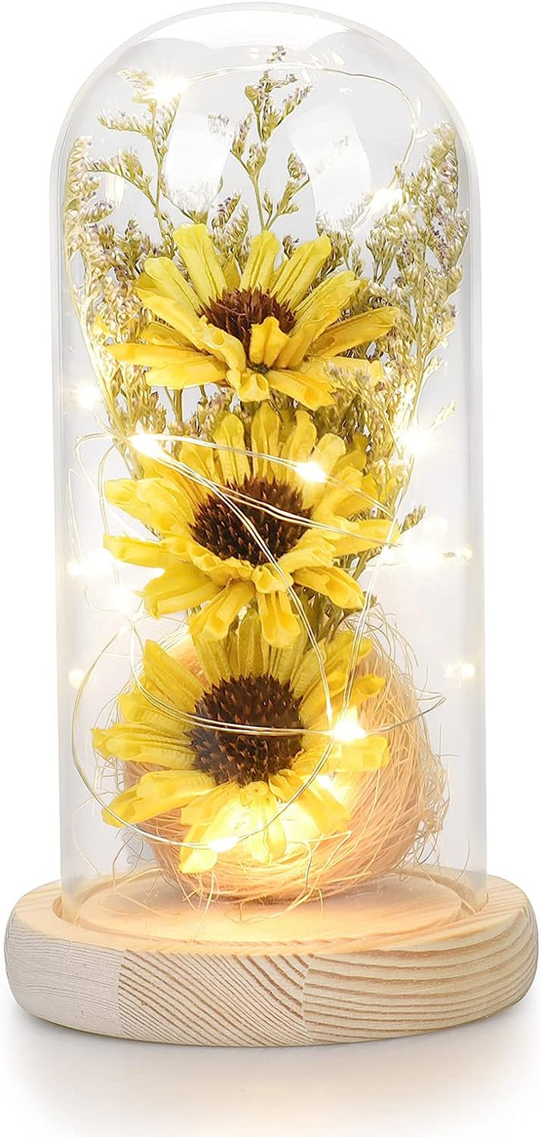 Sunflower Gifts for Women, Artificial Sunflowers in Glass Dome with LED Strip