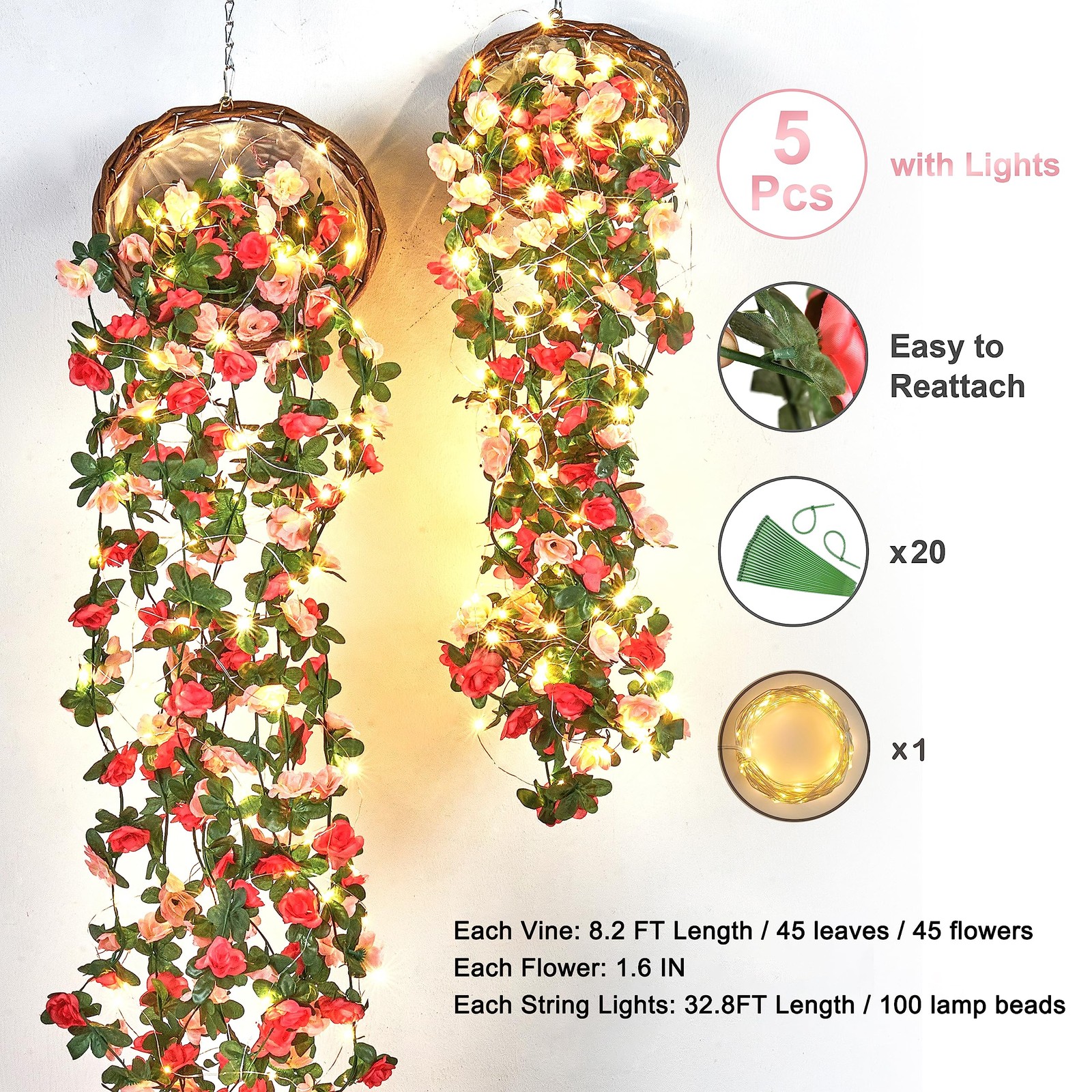 5Pcs 41Ft Flower Garland Artificial Rose Vines with 32.8Ft String Lights, Cut…