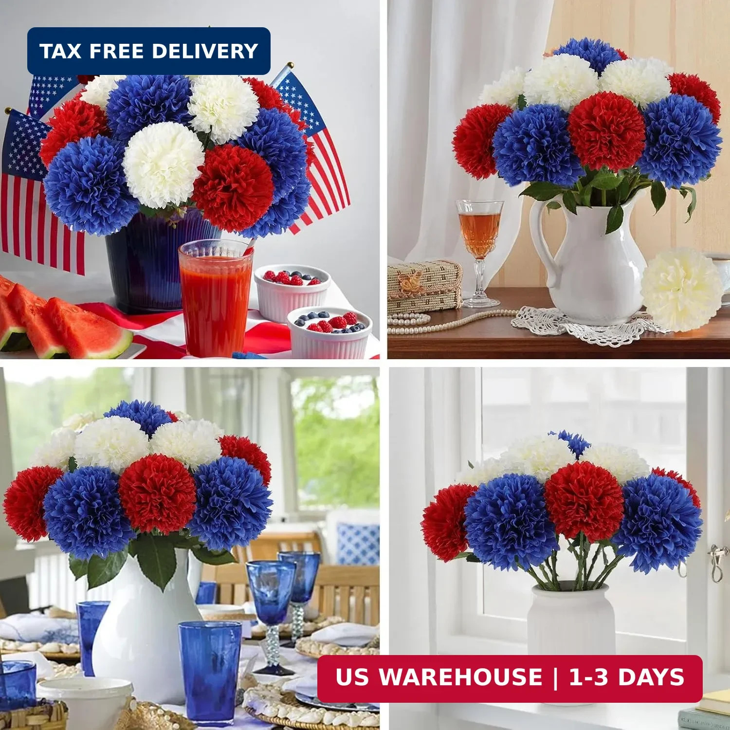 Hananona 12 Pcs Artificial Chrysanthemums Flowers Patriotic Flower, 4th of July
