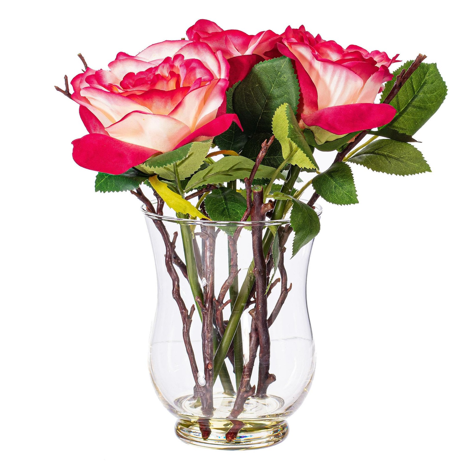 Vickerman 10″ Contemporary Glass Artificial Dark Pink Rose Vase in Clear