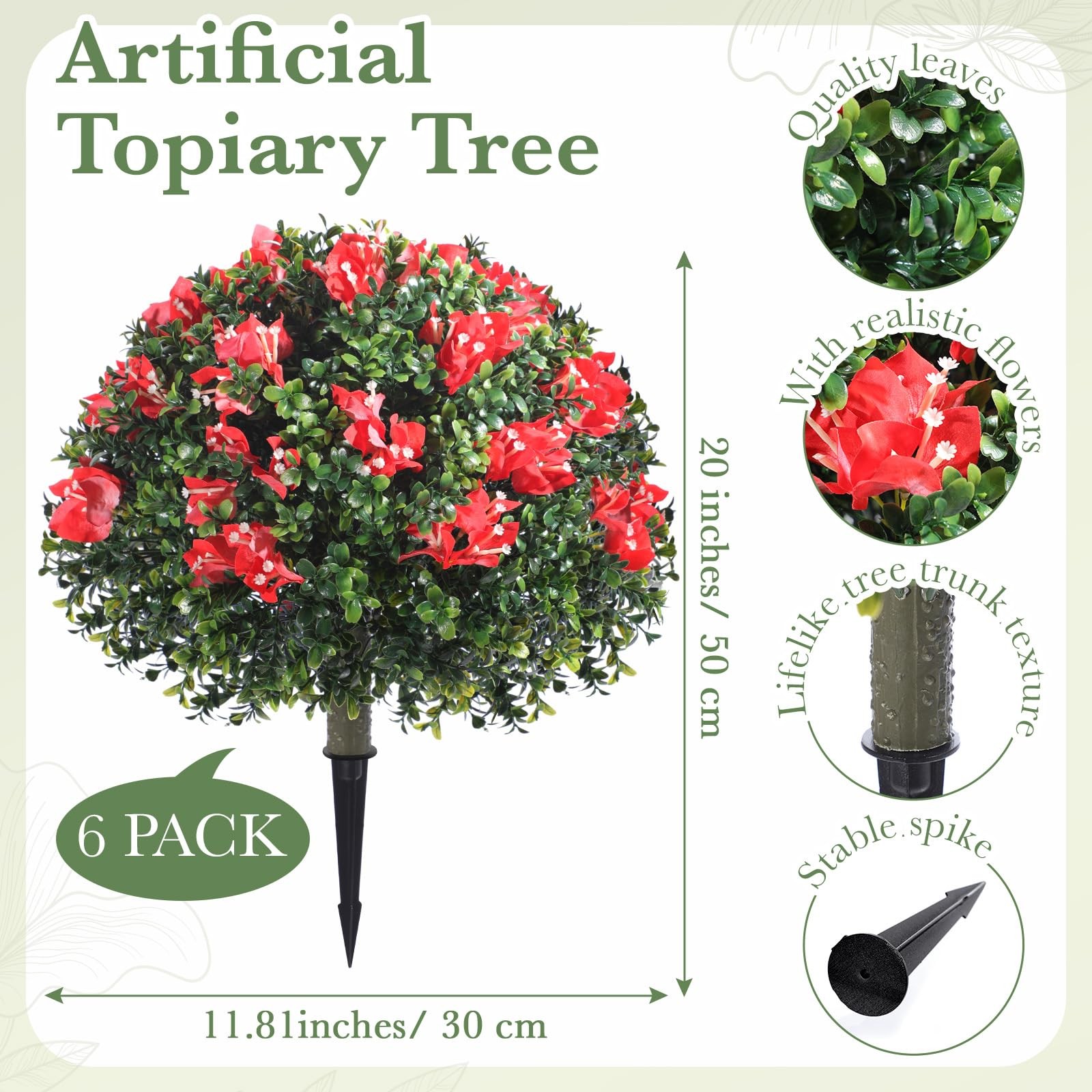 6 Pack 18″ Artificial Boxwood Topiary Balls with Bougainvillea Flowers with S…