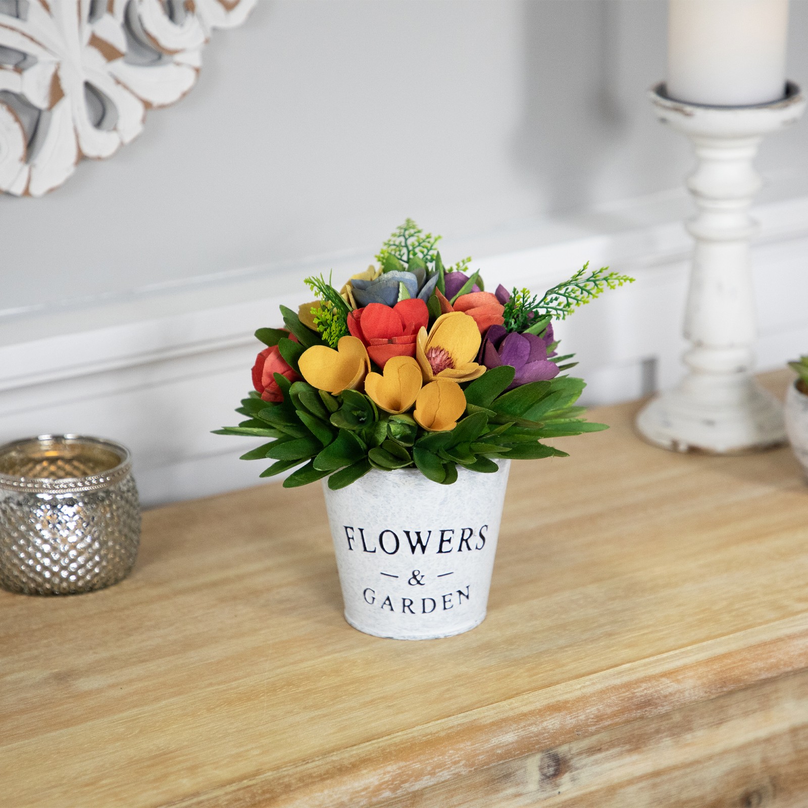 Northlight Wooden Artificial Spring Floral Arrangement “Flowers Garden” Pot – 8″