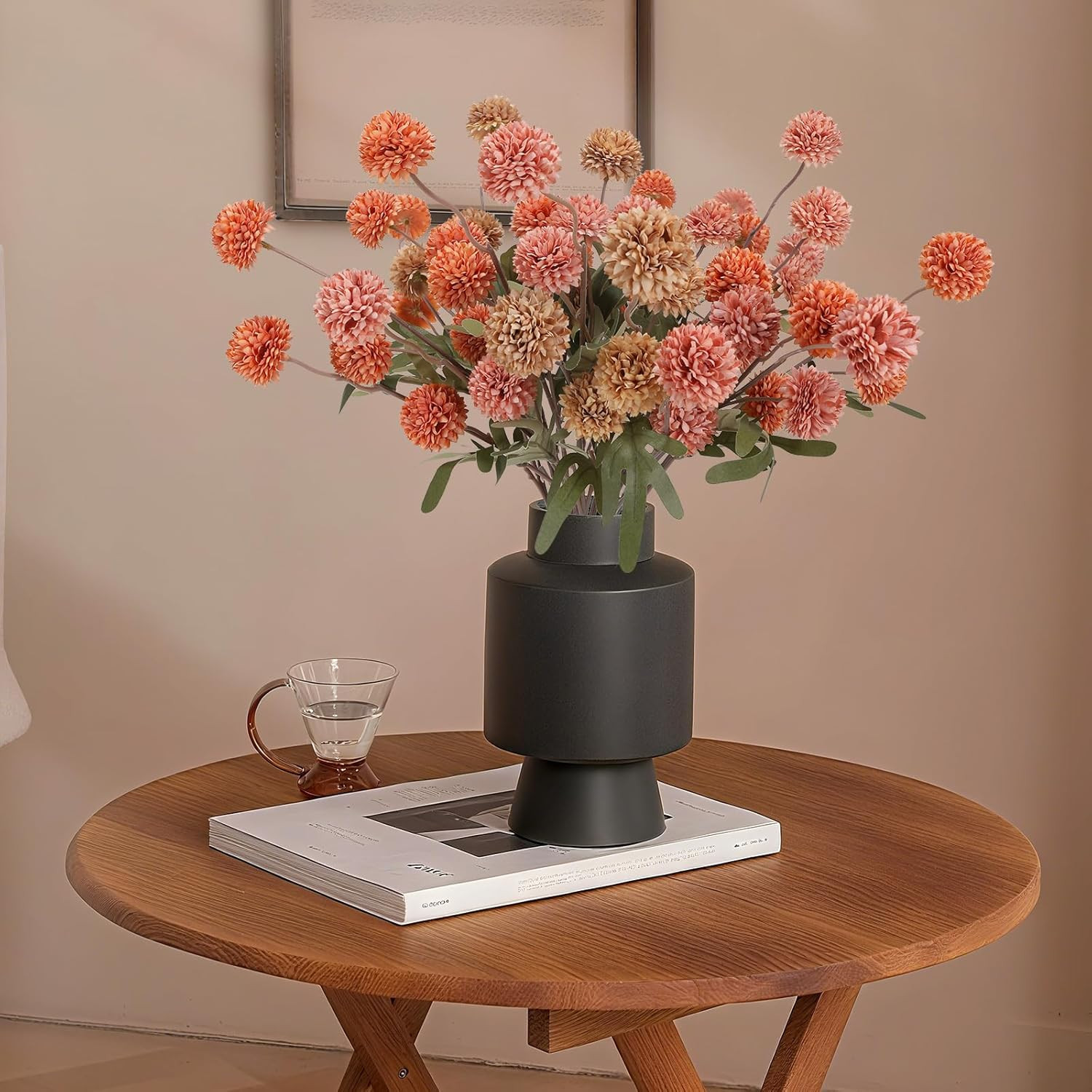 Fall Faux Pompon Mum Flowers – 10 Stems, 21” Long Burnt Orange Brown Pink Orange