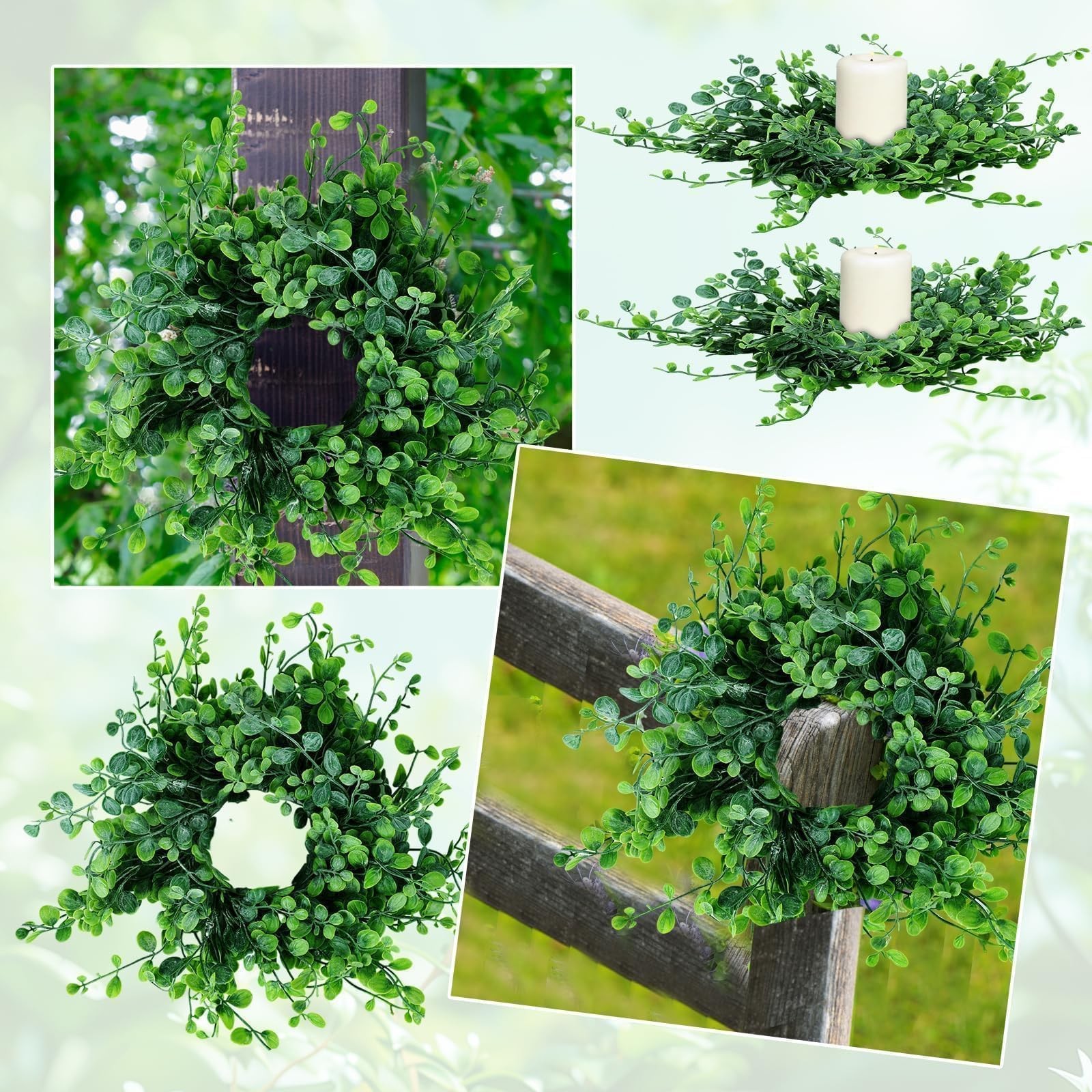 8 Pcs Mini Green Boxwood Candle Rings Wreaths Spring Summer Kitchen Cabinet Swag