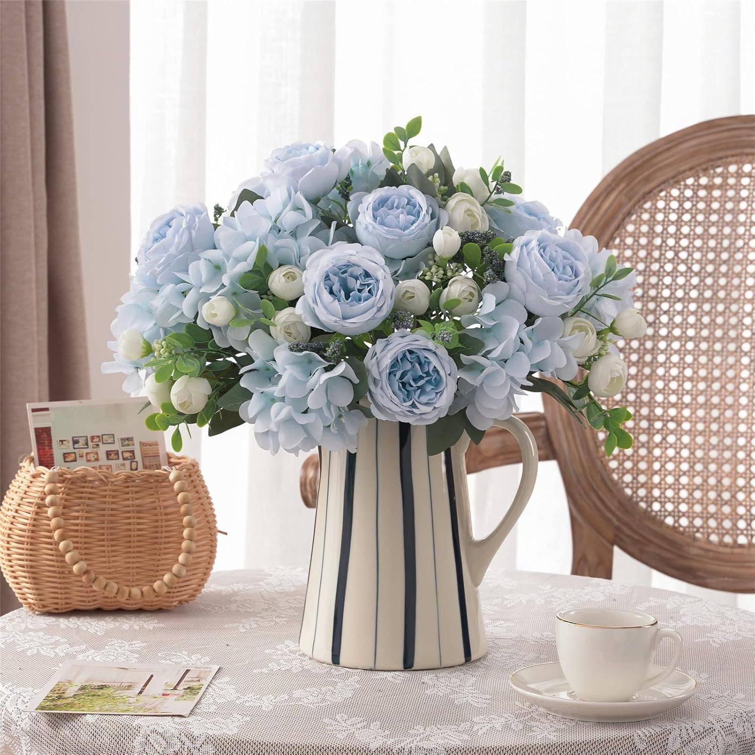 4 Bunches Artificial Flowers for Decoration Blue Peonies Fake Roses Arrangements