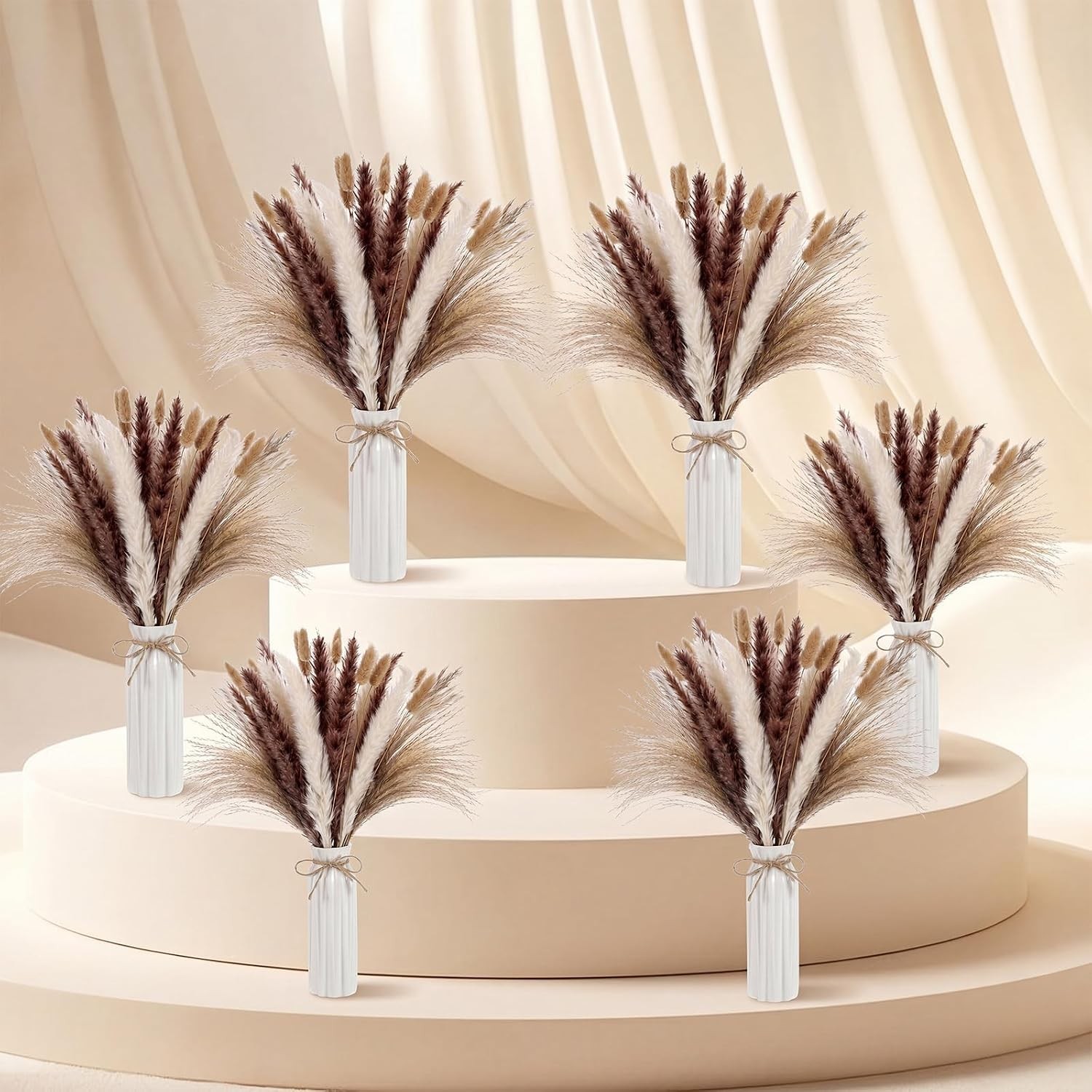 6 Set White Ceramic Vases Set W/ Dried Pampas Grass Bouquets Boho Table